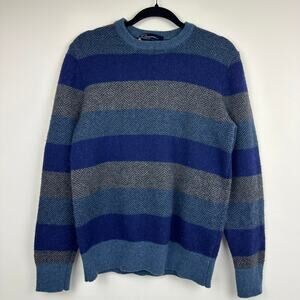 Gap Mens Herringbone Stripe Long Sleeve Lambswool Blend Blue/Grey Sweater Medium